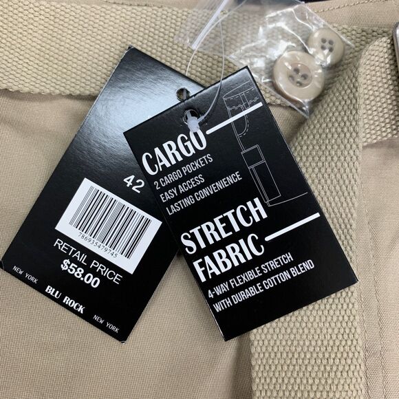Blu Rock Shorts Mens 42 Khaki Cotton Blend 4 Way Stretch Cargo Pockets Belted - Picture 5 of 13